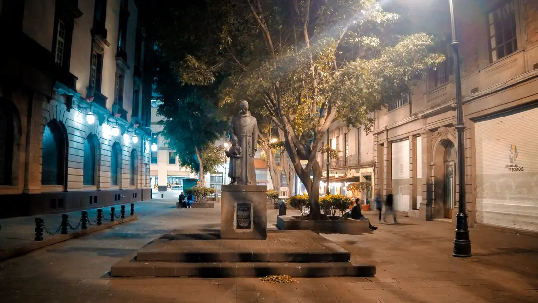 The illuminated Plaza de Gante in the historic centre of Mexico City at night